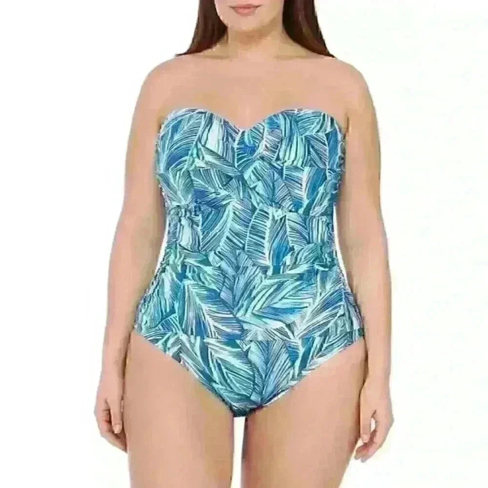 NEW! La Blanca Women’s 22W Sketched Leaves Bandeau One-Piece Swimsuit NWT $124